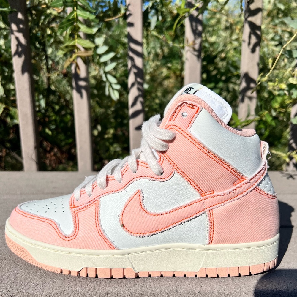 Women’s White and pink denim raw edge Nike Dunks